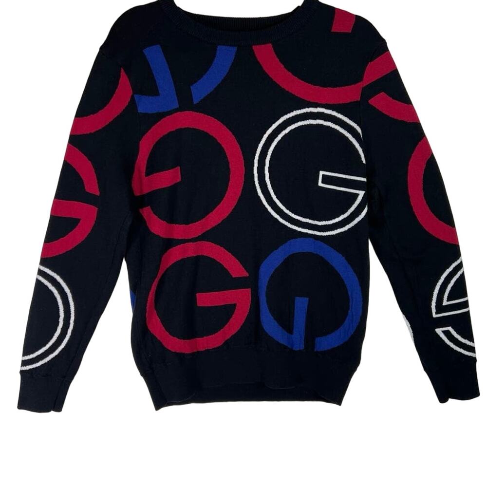 Guy Laroche Black Crewneck Sweater with Red, Blue & White Graphic G Motifs